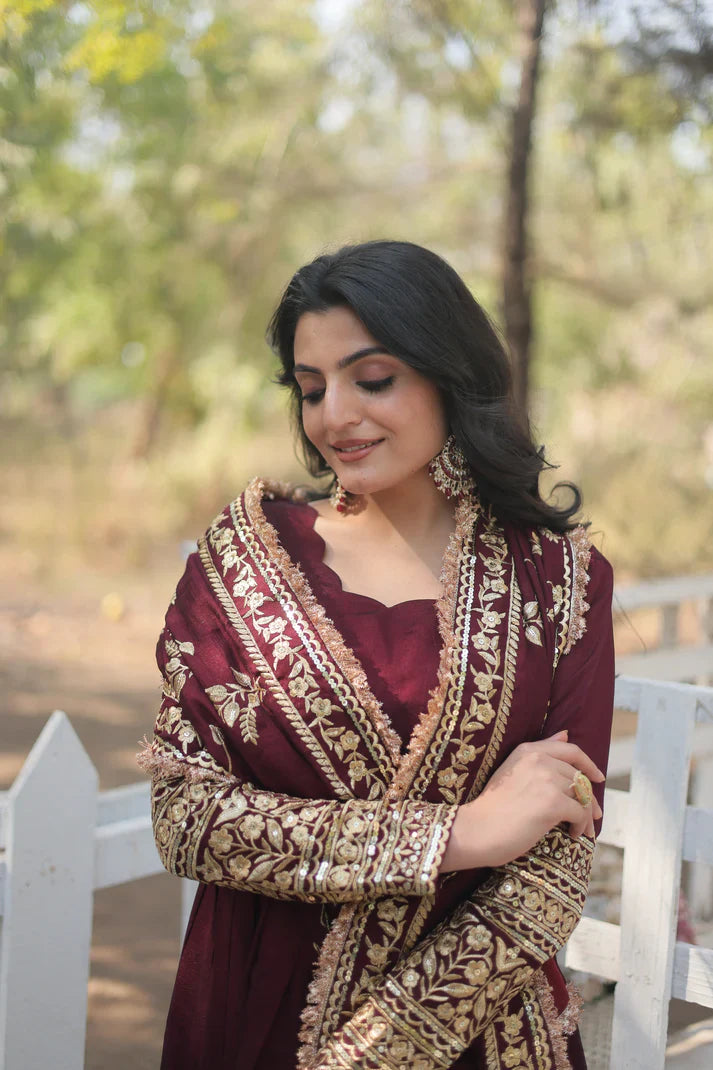 DARK MAROON HEAVY SEQUINS EMBROIDERY WORK GOWN WITH DUPATTA(WD14)