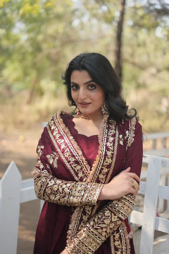 DARK MAROON HEAVY SEQUINS EMBROIDERY WORK GOWN WITH DUPATTA(WD14)