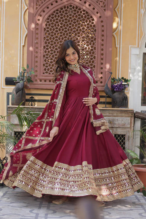 WEDDING SPECIAL STAR GEORGETTE ZARI SEQUINS EMBROIDERED GOWN WITH DUPATTA(WD122)