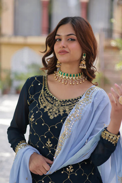 WEDDING SPECIAL FAUX BLOOMING GEORGETTE SEQUINS EMBROIDERED PLAZZO SET WITH DUPATTA(WD121)