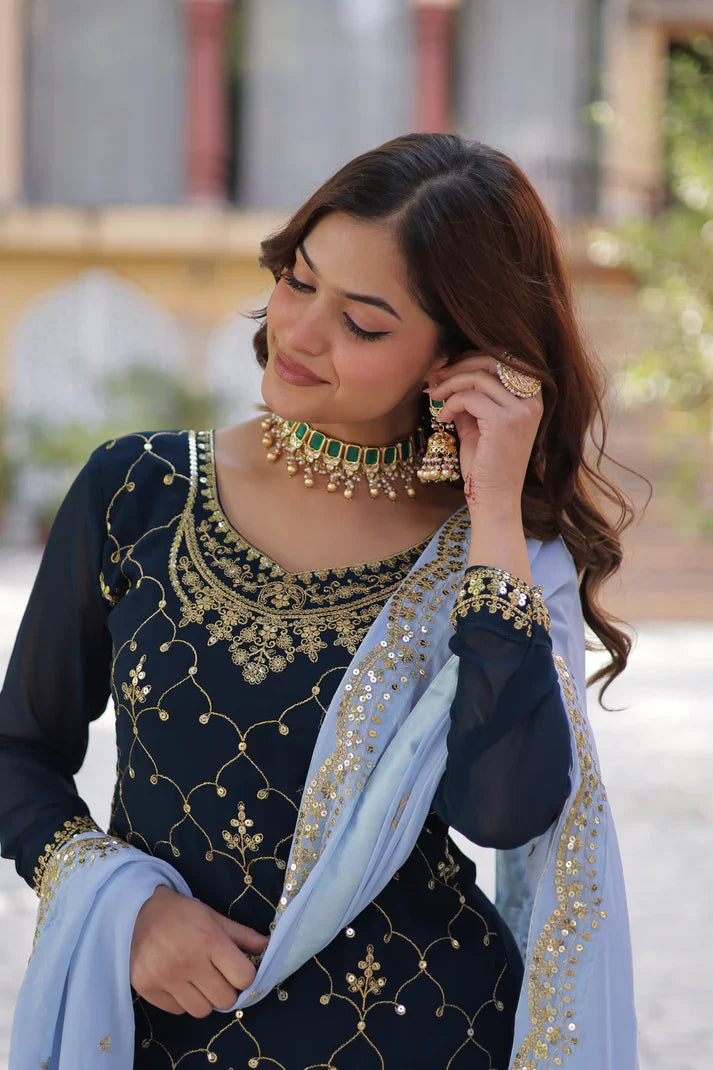 WEDDING SPECIAL FAUX BLOOMING GEORGETTE SEQUINS EMBROIDERED PLAZZO SET WITH DUPATTA(WD121)