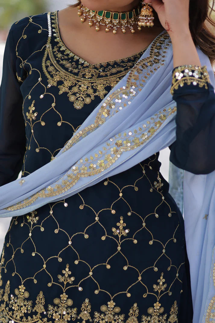 WEDDING SPECIAL FAUX BLOOMING GEORGETTE SEQUINS EMBROIDERED PLAZZO SET WITH DUPATTA(WD121)