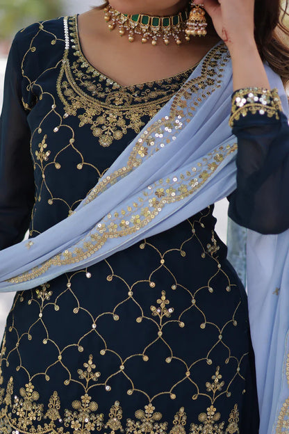 WEDDING SPECIAL FAUX BLOOMING GEORGETTE SEQUINS EMBROIDERED PLAZZO SET WITH DUPATTA(WD121)