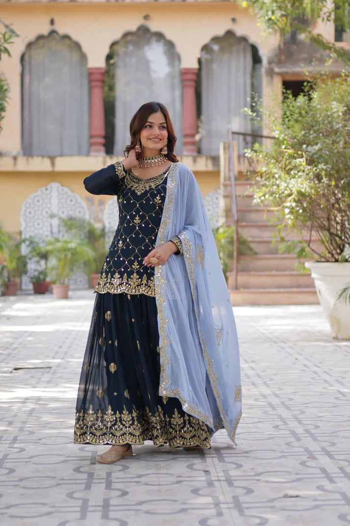 WEDDING SPECIAL FAUX BLOOMING GEORGETTE SEQUINS EMBROIDERED PLAZZO SET WITH DUPATTA(WD121)
