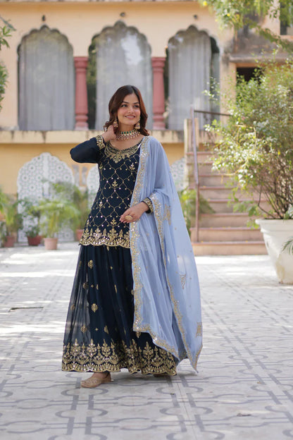 WEDDING SPECIAL FAUX BLOOMING GEORGETTE SEQUINS EMBROIDERED PLAZZO SET WITH DUPATTA(WD121)