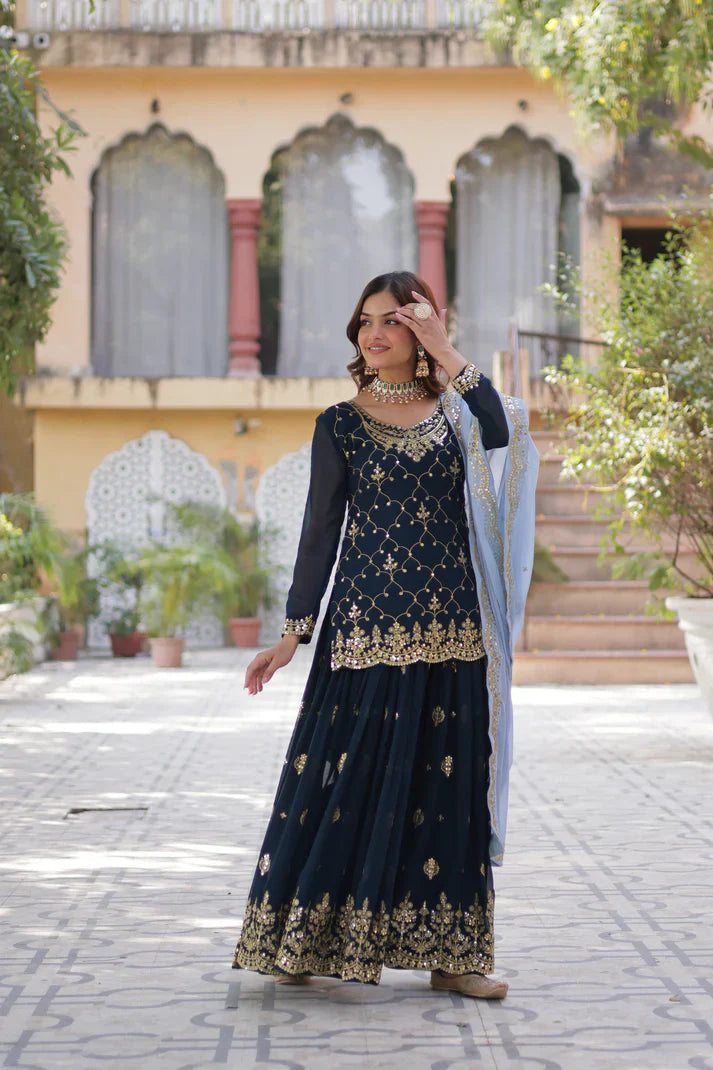 WEDDING SPECIAL FAUX BLOOMING GEORGETTE SEQUINS EMBROIDERED PLAZZO SET WITH DUPATTA(WD121)