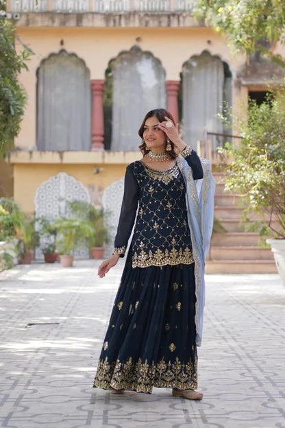 WEDDING SPECIAL FAUX BLOOMING GEORGETTE SEQUINS EMBROIDERED PLAZZO SET WITH DUPATTA(WD121)