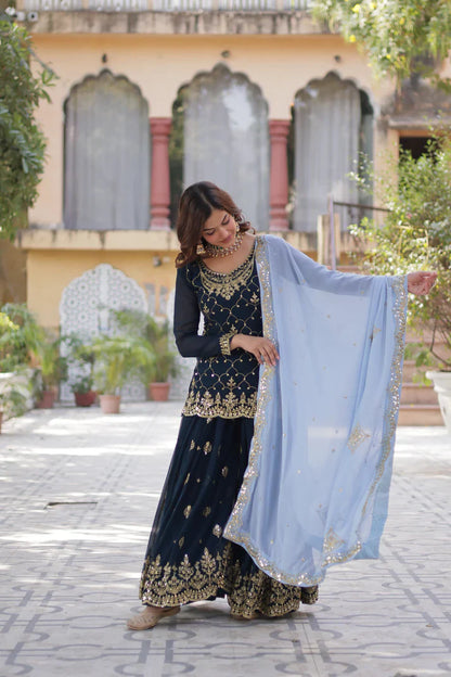 WEDDING SPECIAL FAUX BLOOMING GEORGETTE SEQUINS EMBROIDERED PLAZZO SET WITH DUPATTA(WD121)