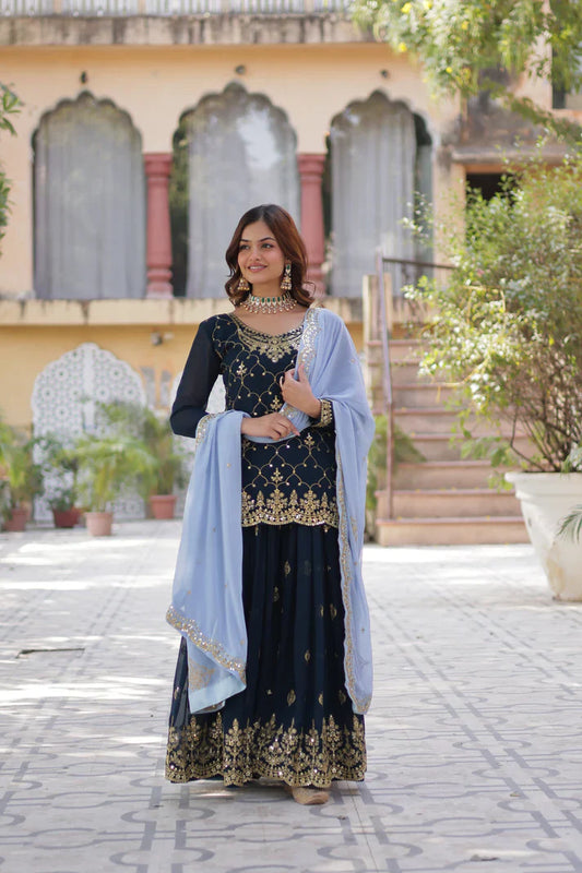 WEDDING SPECIAL FAUX BLOOMING GEORGETTE SEQUINS EMBROIDERED PLAZZO SET WITH DUPATTA(WD121)