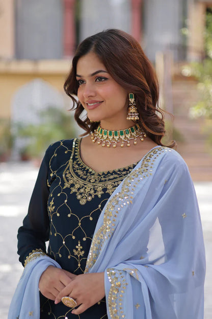 WEDDING SPECIAL FAUX BLOOMING GEORGETTE SEQUINS EMBROIDERED PLAZZO SET WITH DUPATTA(WD121)