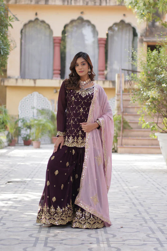 WEDDING SPECIAL FAUX BLOOMING GEORGETTE SEQUINS EMBROIDERED PLAZZO SET WITH DUPATTA(WD121) (01)