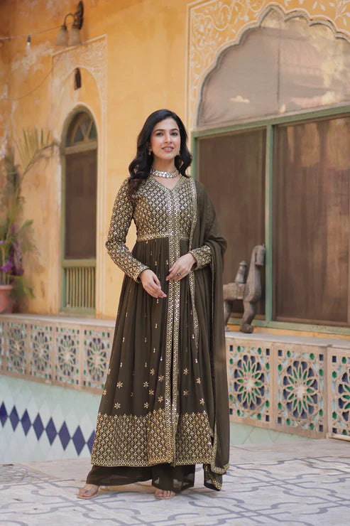 WEDDING SPECIAL FAUX GEORGETTE EMBROIDERED GOWN WITH BOTTOM AND DUPATTA(WD113)