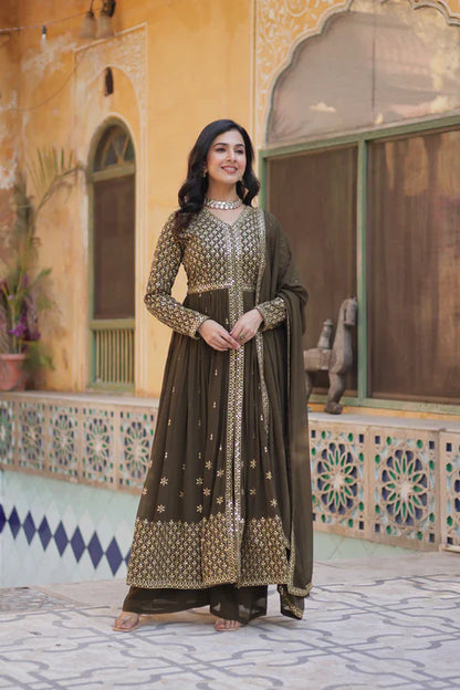 WEDDING SPECIAL FAUX GEORGETTE EMBROIDERED GOWN WITH BOTTOM AND DUPATTA(WD113)