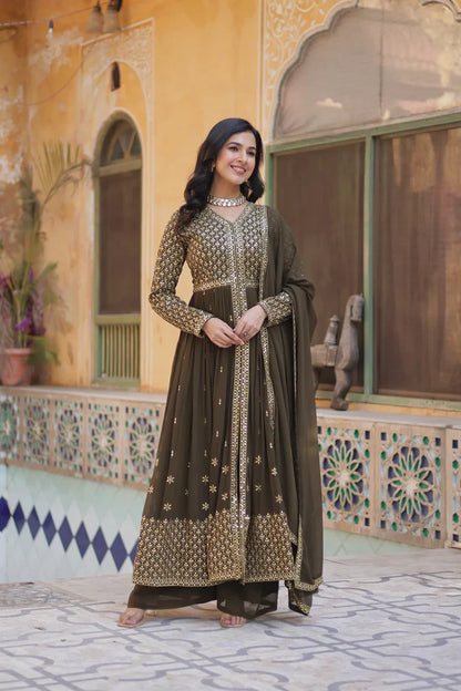 WEDDING SPECIAL FAUX GEORGETTE EMBROIDERED GOWN WITH BOTTOM AND DUPATTA(WD113)