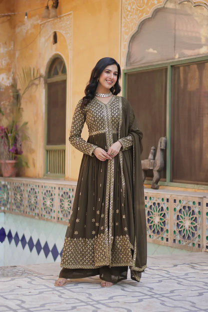WEDDING SPECIAL FAUX GEORGETTE EMBROIDERED GOWN WITH BOTTOM AND DUPATTA(WD113)