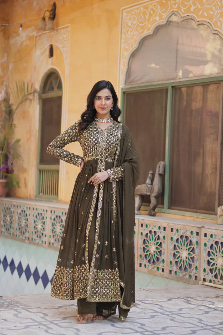 WEDDING SPECIAL FAUX GEORGETTE EMBROIDERED GOWN WITH BOTTOM AND DUPATTA(WD113)
