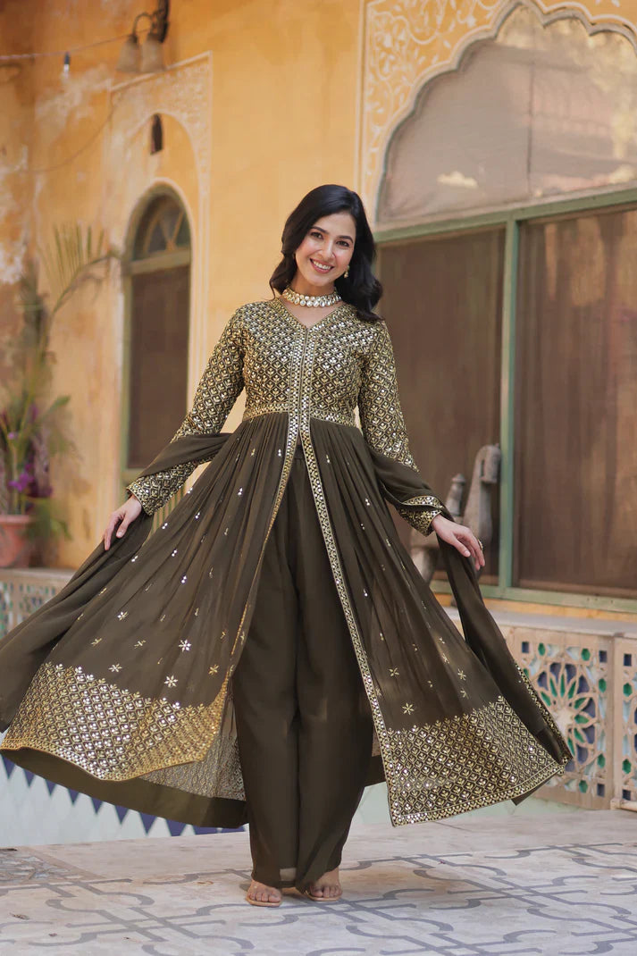 WEDDING SPECIAL FAUX GEORGETTE EMBROIDERED GOWN WITH BOTTOM AND DUPATTA(WD113)