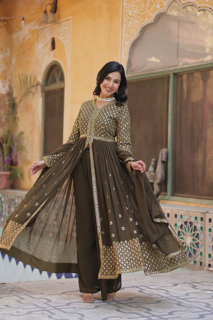 WEDDING SPECIAL FAUX GEORGETTE EMBROIDERED GOWN WITH BOTTOM AND DUPATTA(WD113)
