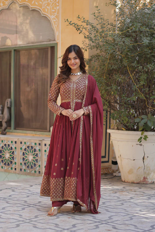 WEDDING SPECIAL FAUX GEORGETTE EMBROIDERED GOWN WITH BOTTOM AND DUPATTA(WD113) (01)
