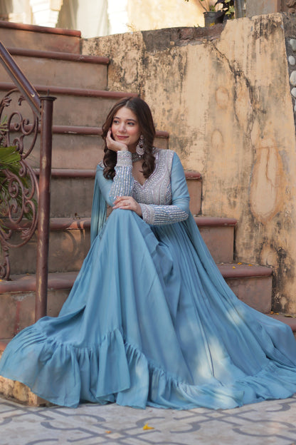 WEDDING SPECIAL GEORGETTE BEADS SEQUANCE EMBROIDERED GOWN WITH DUPATTA (WDN40) 01