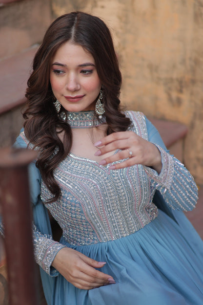 WEDDING SPECIAL GEORGETTE BEADS SEQUANCE EMBROIDERED GOWN WITH DUPATTA (WDN40) 01