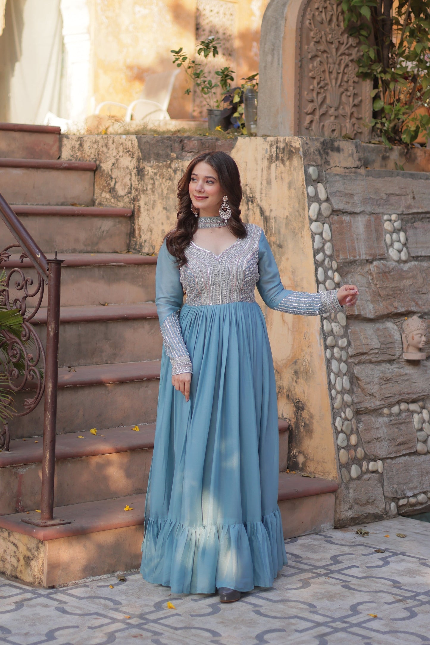 WEDDING SPECIAL GEORGETTE BEADS SEQUANCE EMBROIDERED GOWN WITH DUPATTA (WDN40) 01