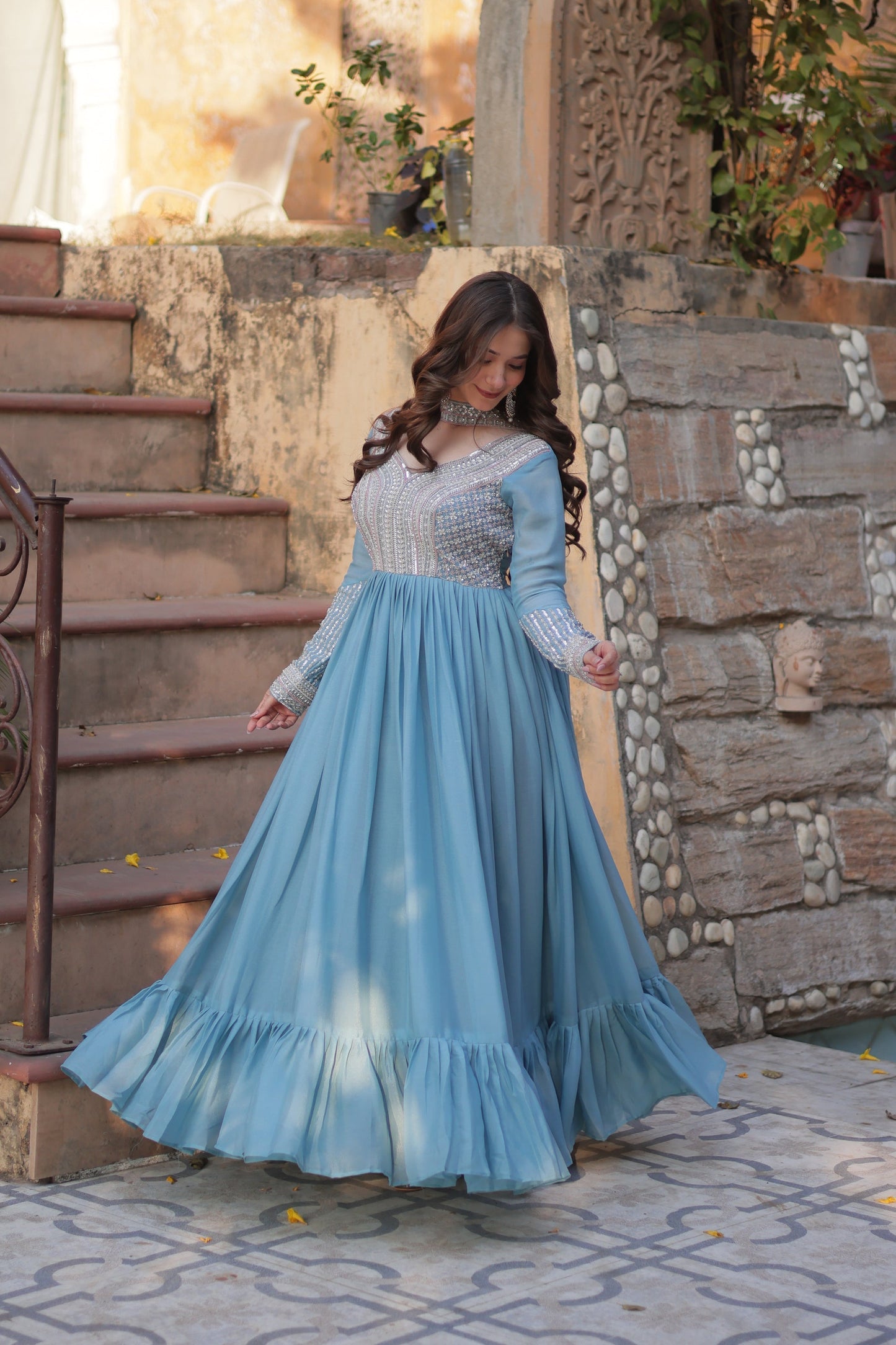 WEDDING SPECIAL GEORGETTE BEADS SEQUANCE EMBROIDERED GOWN WITH DUPATTA (WDN40) 01