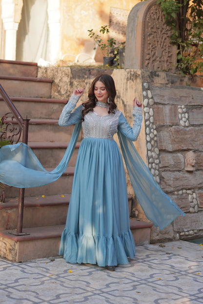 WEDDING SPECIAL GEORGETTE BEADS SEQUANCE EMBROIDERED GOWN WITH DUPATTA (WDN40) 01