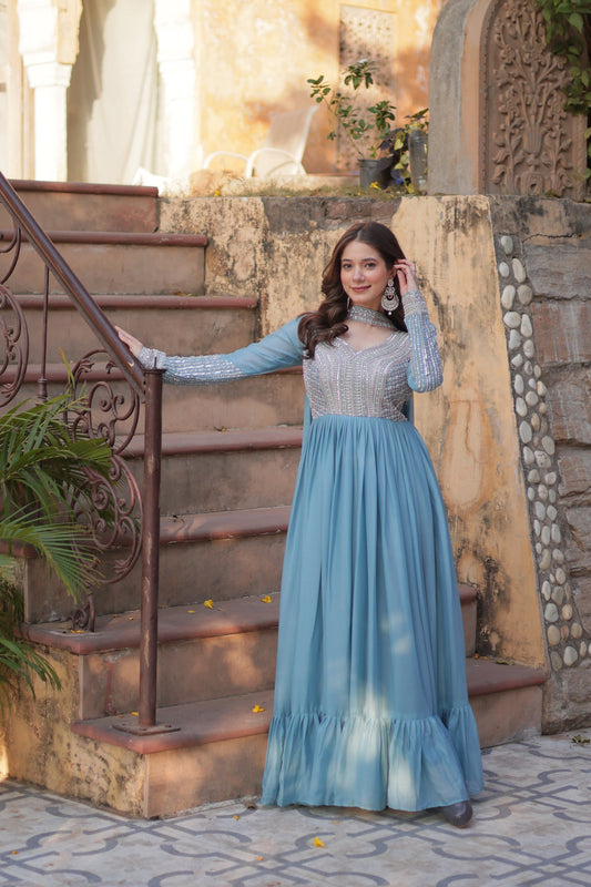 WEDDING SPECIAL GEORGETTE BEADS SEQUANCE EMBROIDERED GOWN WITH DUPATTA (WDN40) 01