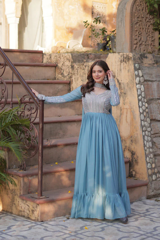 WEDDING SPECIAL GEORGETTE BEADS SEQUANCE EMBROIDERED GOWN WITH DUPATTA(WD102) (01)