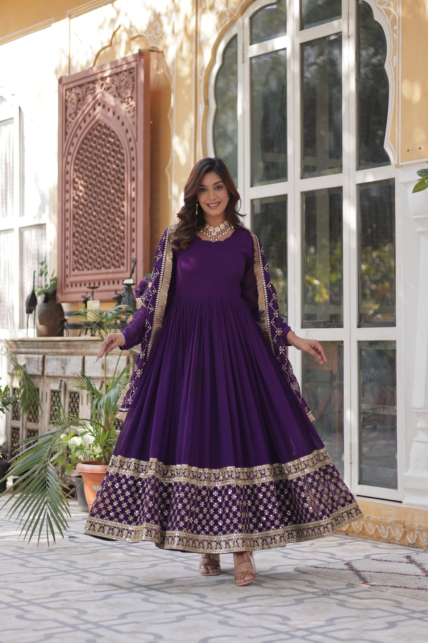 BLOOMING GEROGETTE SEQUANCE EMBROIDERY GOWN WITH DUPATTA (WDN41) 01