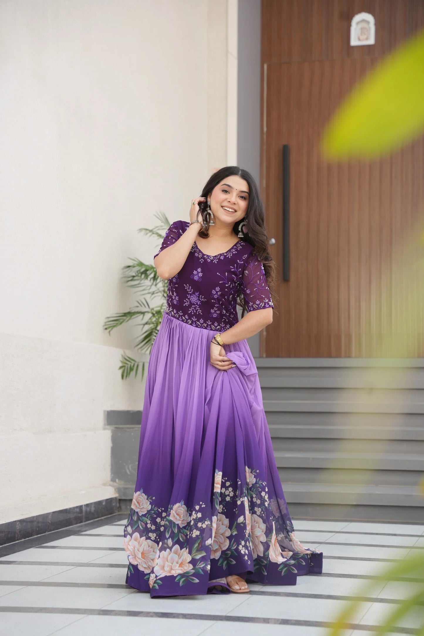 FAUX BLOOMING BEADS EMBROIDERED GOWN(WD78)