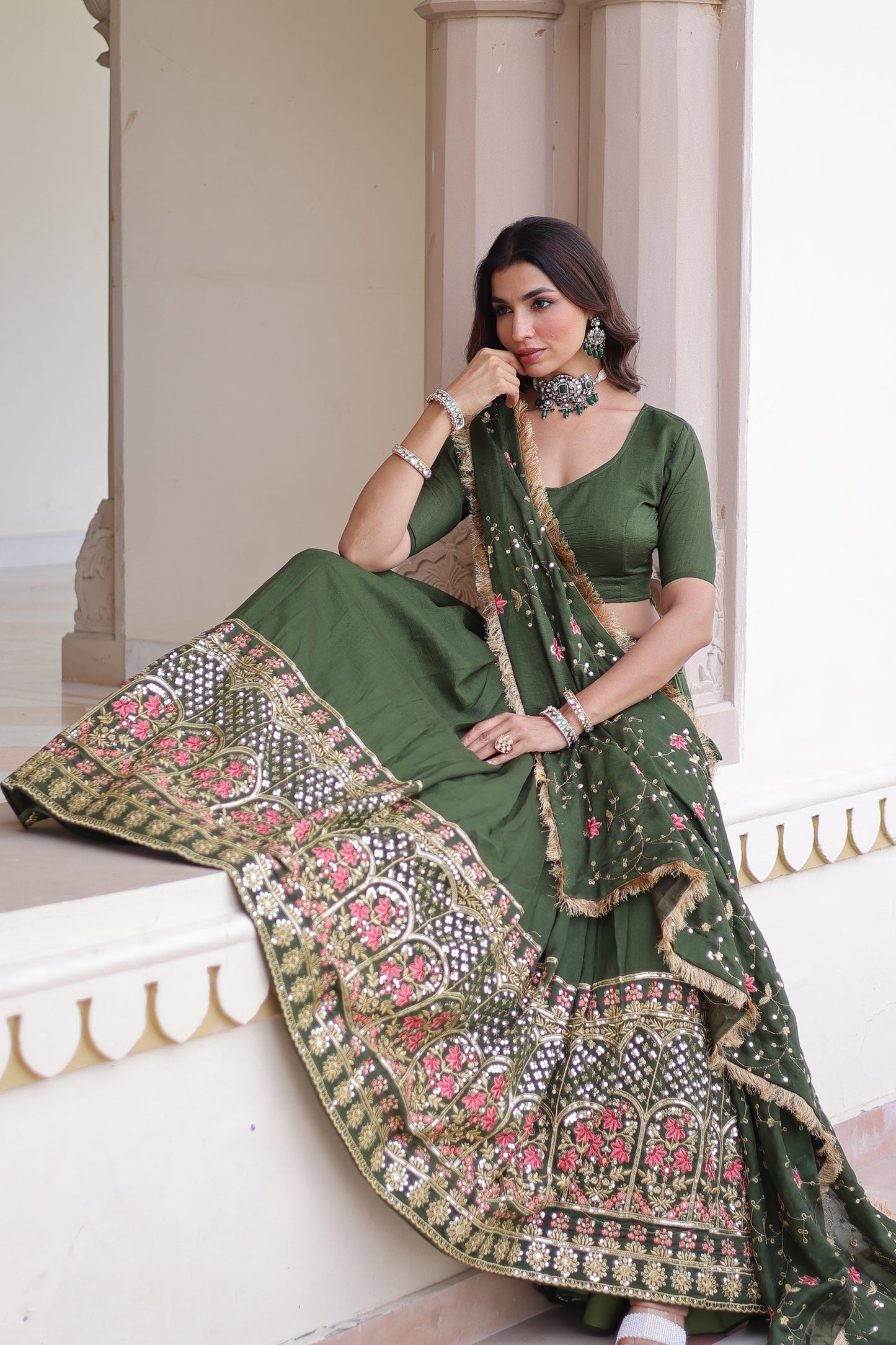 VICHITRA SILK HEAVY SEQUINS AND TREAD EMBROIDERED LEHENGA CHOLI WITH DUPATTA (WDN87)