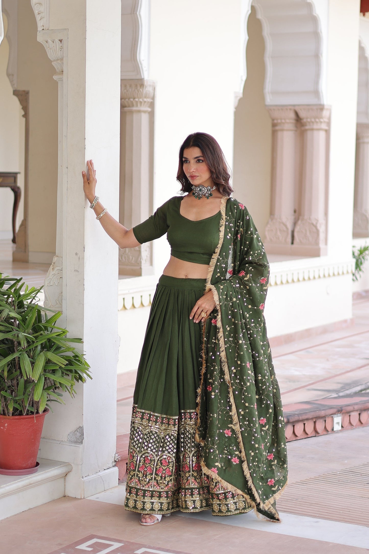 VICHITRA SILK HEAVY SEQUINS AND TREAD EMBROIDERED LEHENGA CHOLI WITH DUPATTA (WDN87)