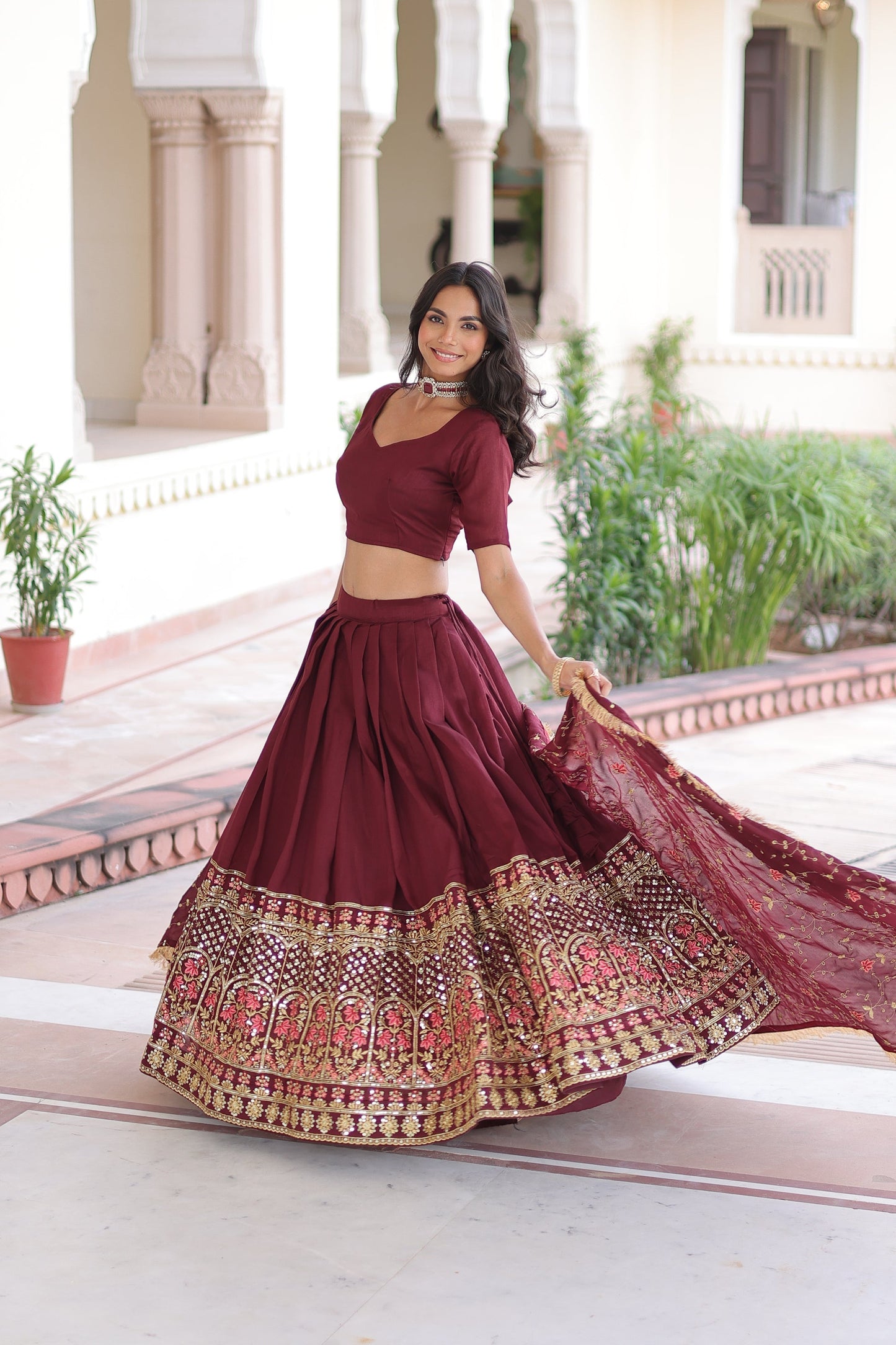 VICHITRA SILK HEAVY SEQUINS AND TREAD EMBROIDERED LEHENGA CHOLI WITH DUPATTA (WDN87) 01