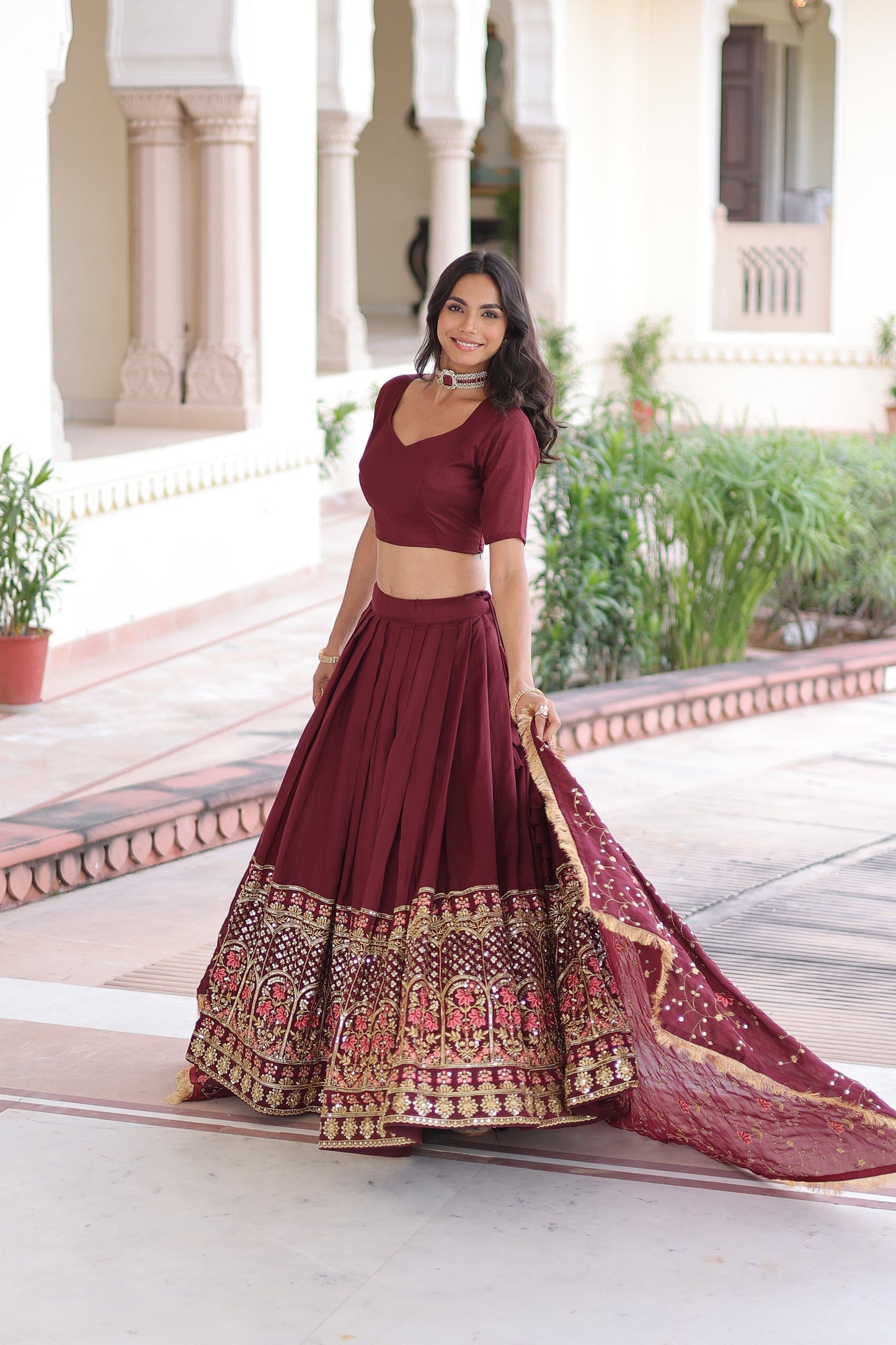 VICHITRA SILK HEAVY SEQUINS AND TREAD EMBROIDERED LEHENGA CHOLI WITH DUPATTA (WDN87) 01