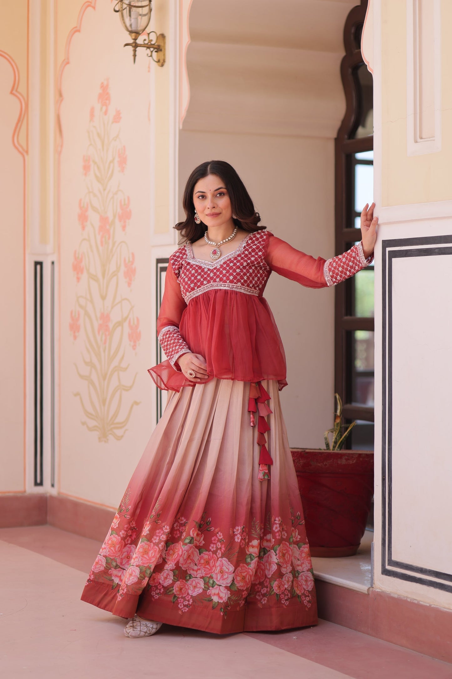 FESTIVAL SPECIAL COSMOS WITH PRINT CHIFFON BEADS EMBROIDERED LEHENGA CHOLI (WDN131)