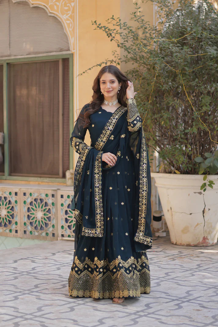 FAUX BLOOMING GEORGETTE SEQUINS EMBROIDERED GOWN WITH DUPATTA(WD12)