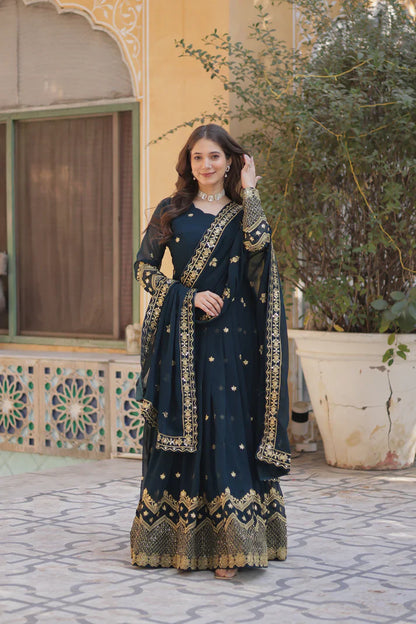 FAUX BLOOMING GEORGETTE SEQUINS EMBROIDERED GOWN WITH DUPATTA(WD12)