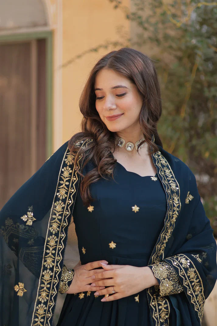 FAUX BLOOMING GEORGETTE SEQUINS EMBROIDERED GOWN WITH DUPATTA(WD12)