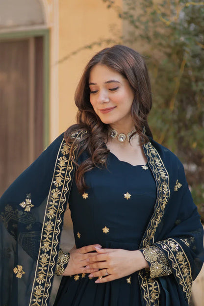 FAUX BLOOMING GEORGETTE SEQUINS EMBROIDERED GOWN WITH DUPATTA(WD12)