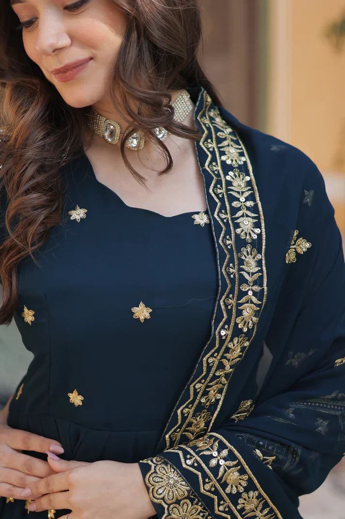 FAUX BLOOMING GEORGETTE SEQUINS EMBROIDERED GOWN WITH DUPATTA(WD12)