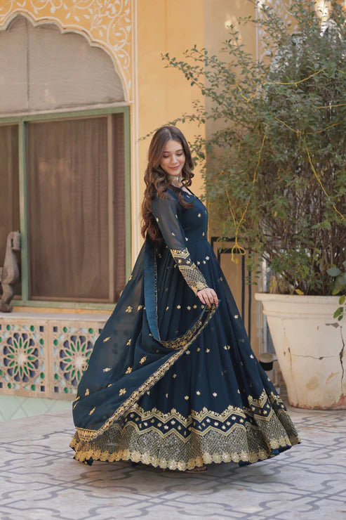 FAUX BLOOMING GEORGETTE SEQUINS EMBROIDERED GOWN WITH DUPATTA(WD12)