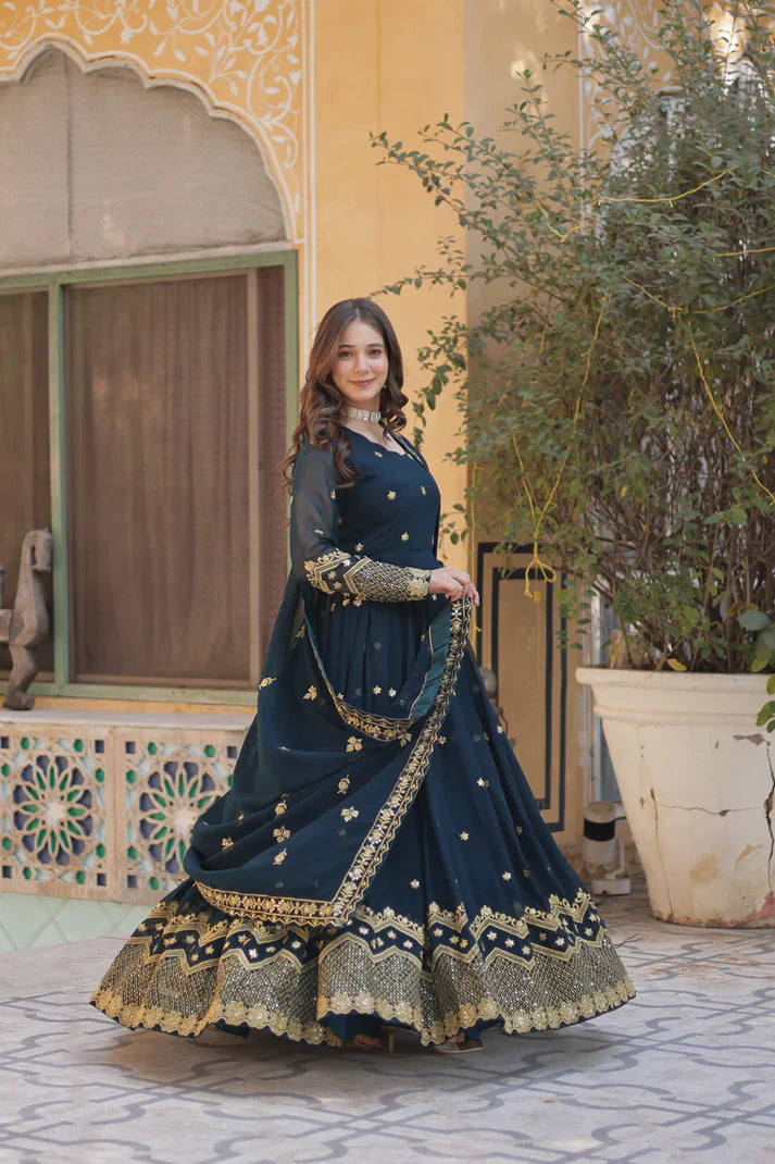FAUX BLOOMING GEORGETTE SEQUINS EMBROIDERED GOWN WITH DUPATTA(WD12)