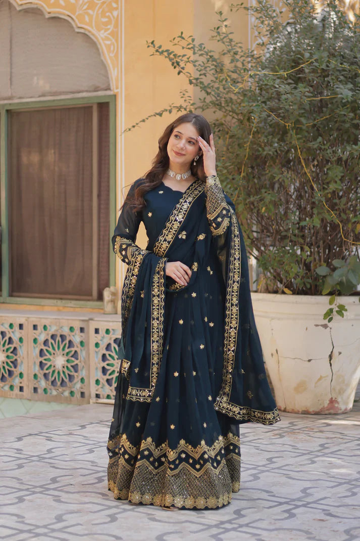 FAUX BLOOMING GEORGETTE SEQUINS EMBROIDERED GOWN WITH DUPATTA(WD12)