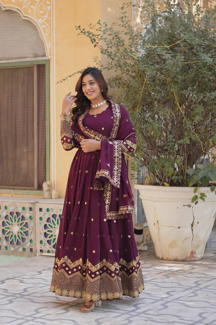FAUX BLOOMING GEORGETTE SEQUINS EMBROIDERED GOWN WITH DUPATTA(WD12) (01)
