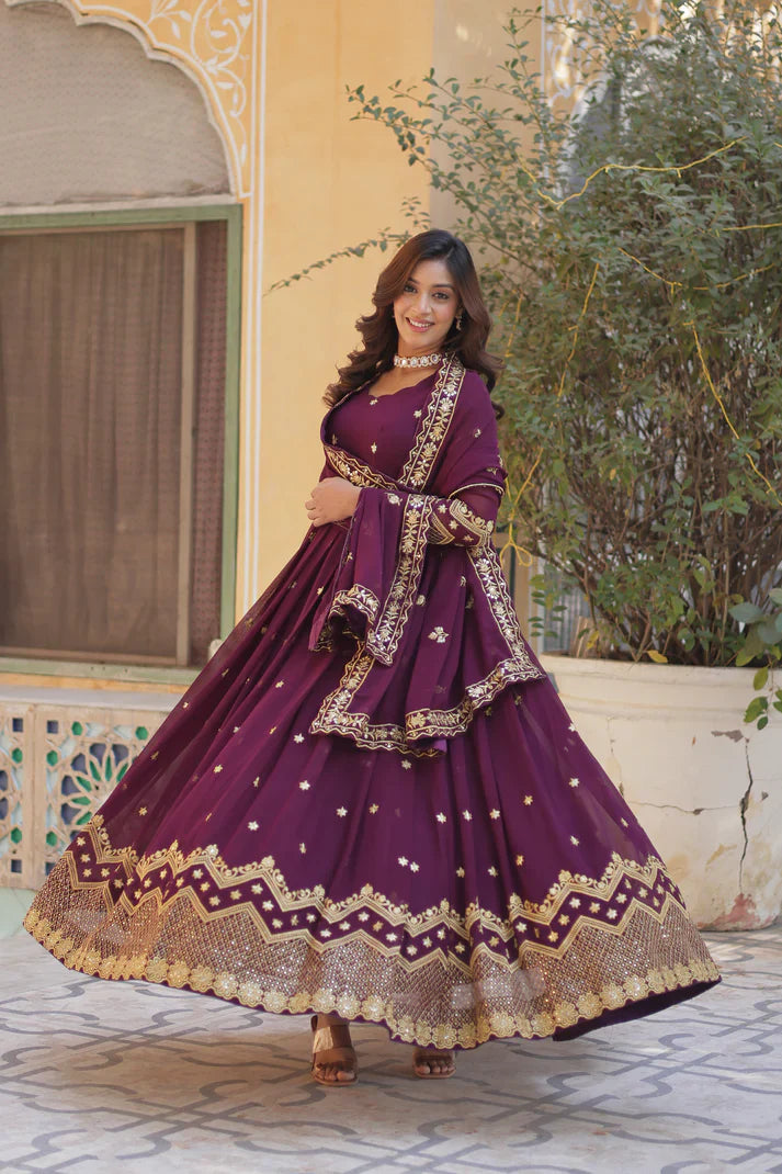 FAUX BLOOMING GEORGETTE SEQUINS EMBROIDERED GOWN WITH DUPATTA(WD12) (01)