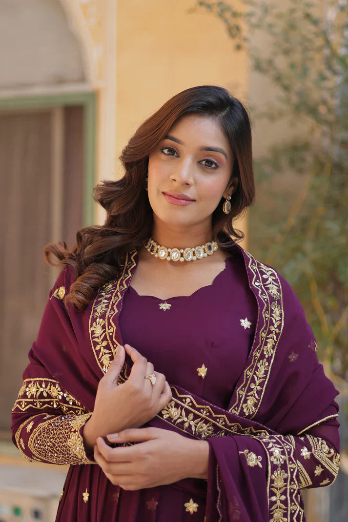 FAUX BLOOMING GEORGETTE SEQUINS EMBROIDERED GOWN WITH DUPATTA(WD12) (01)