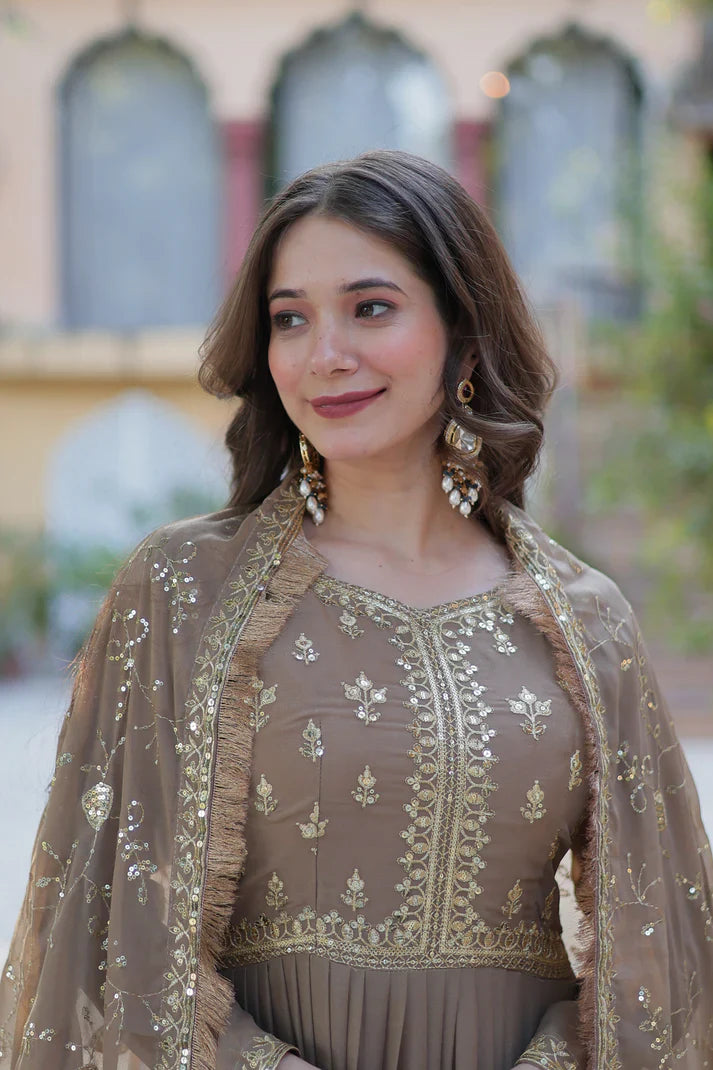 WEDDING SPECIAL STAR GEORGETTE ZARI SEQUINS EMBROIDERED GOWN WITH DUPATTA (WD117) (03)