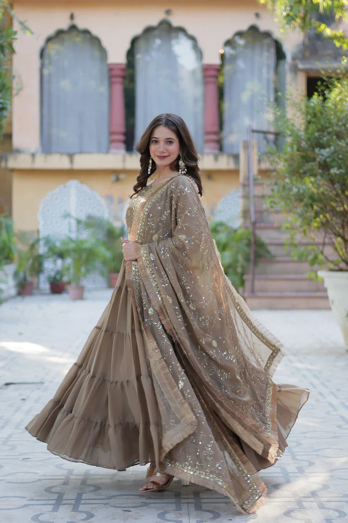 WEDDING SPECIAL STAR GEORGETTE ZARI SEQUINS EMBROIDERED GOWN WITH DUPATTA (WD117) (03)